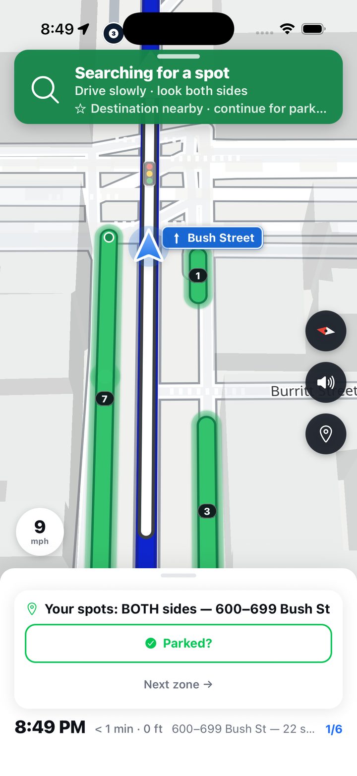 CurbScout navigating onto Bush Street. The banner reads 'Searching for a spot — drive slowly, look both sides', the open curb is drawn in green down both sides of the street with the number of spaces on each stretch, and the card below reads 'Your spots: BOTH sides — 600 to 699 Bush St' with a Parked button.