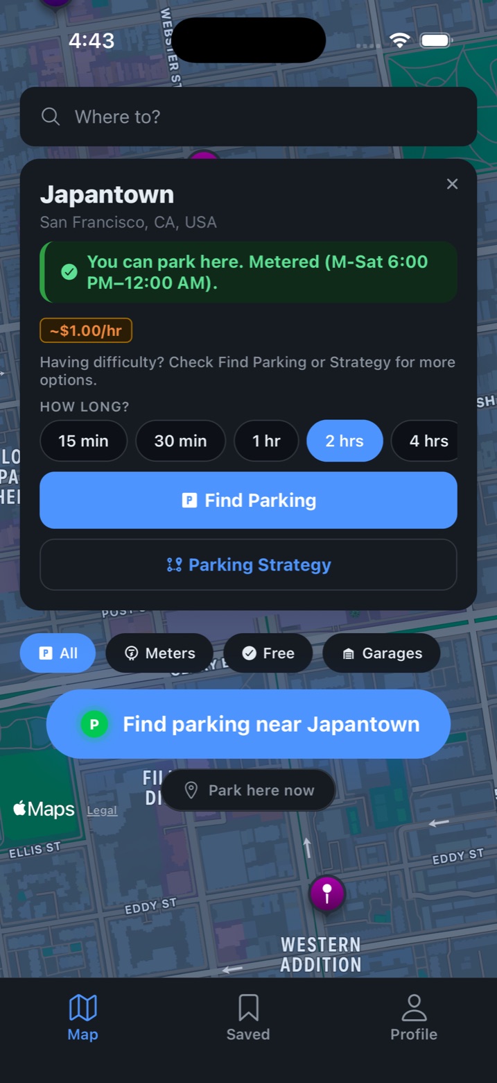 CurbScout destination screen for Japantown, San Francisco. A green banner reads 'You can park here. Metered (M-Sat 6:00 PM to 12:00 AM)' with a rate of about $1.00 per hour, followed by a 'How long?' row of duration chips with 2 hours selected and a Find Parking button.