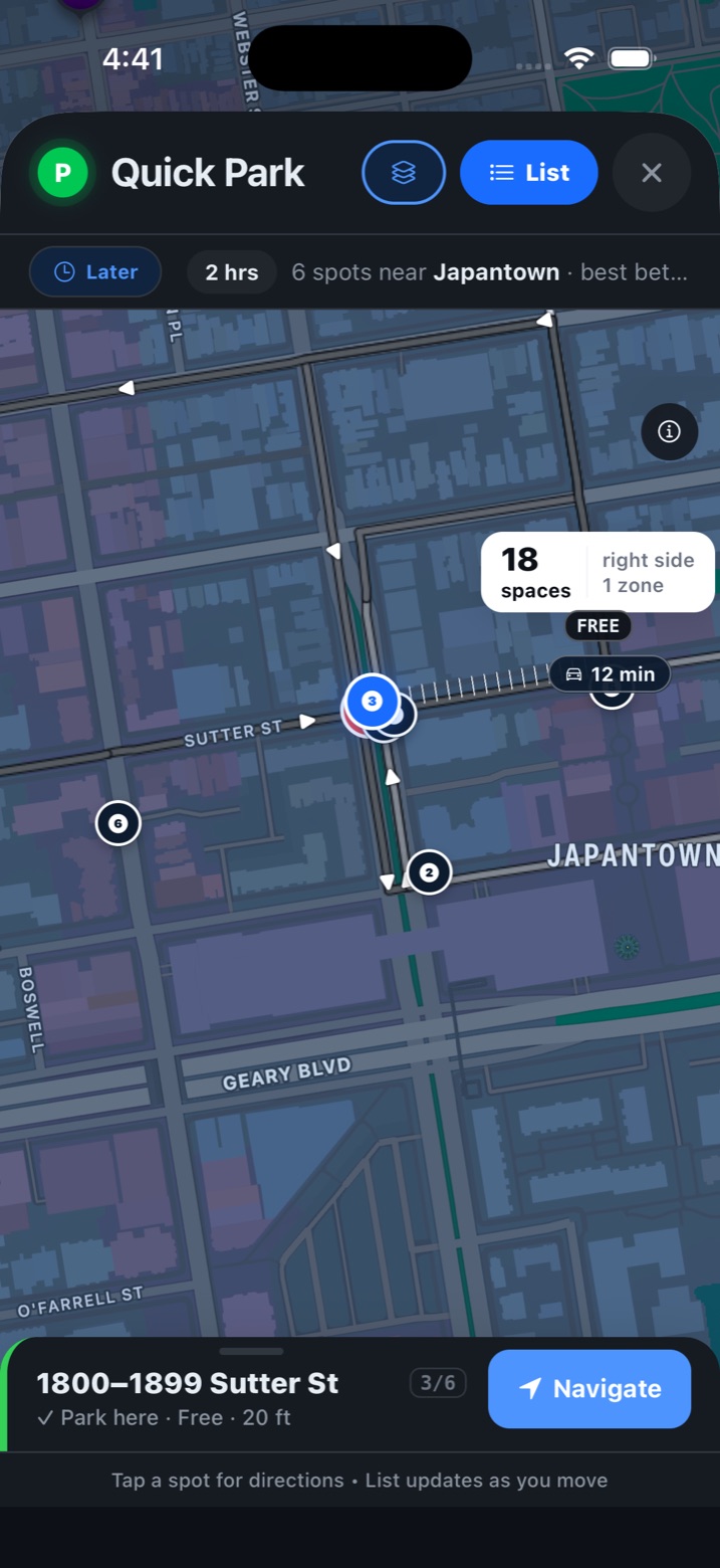CurbScout map of Japantown with numbered parking suggestions along a driving route. A callout reads '18 spaces, right side, 1 zone, FREE' and the selected block at the bottom is 1800 to 1899 Sutter Street, free, 20 feet away, with a Navigate button.
