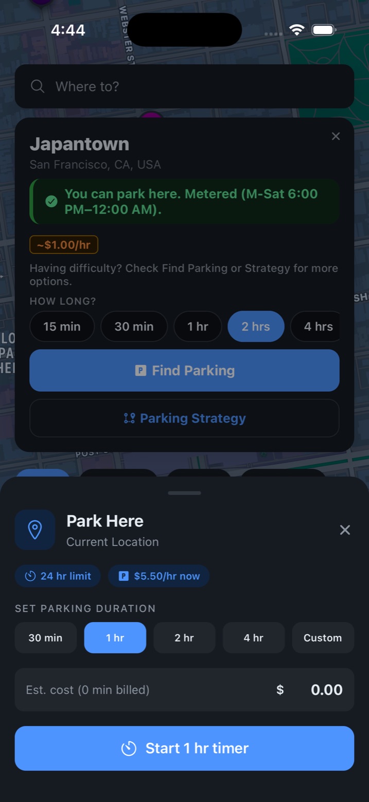 CurbScout Park Here sheet at the current location, showing a 24 hour limit, a rate of $5.50 per hour now, a row of parking-duration choices with 1 hour selected, an estimated cost, and a Start 1 hour timer button.