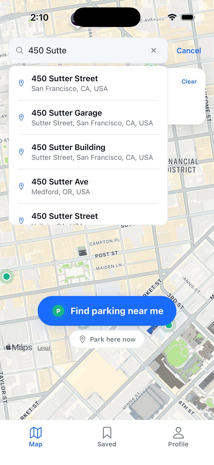 CurbScout search screen with '450 Sutte' typed in and address suggestions listed underneath.