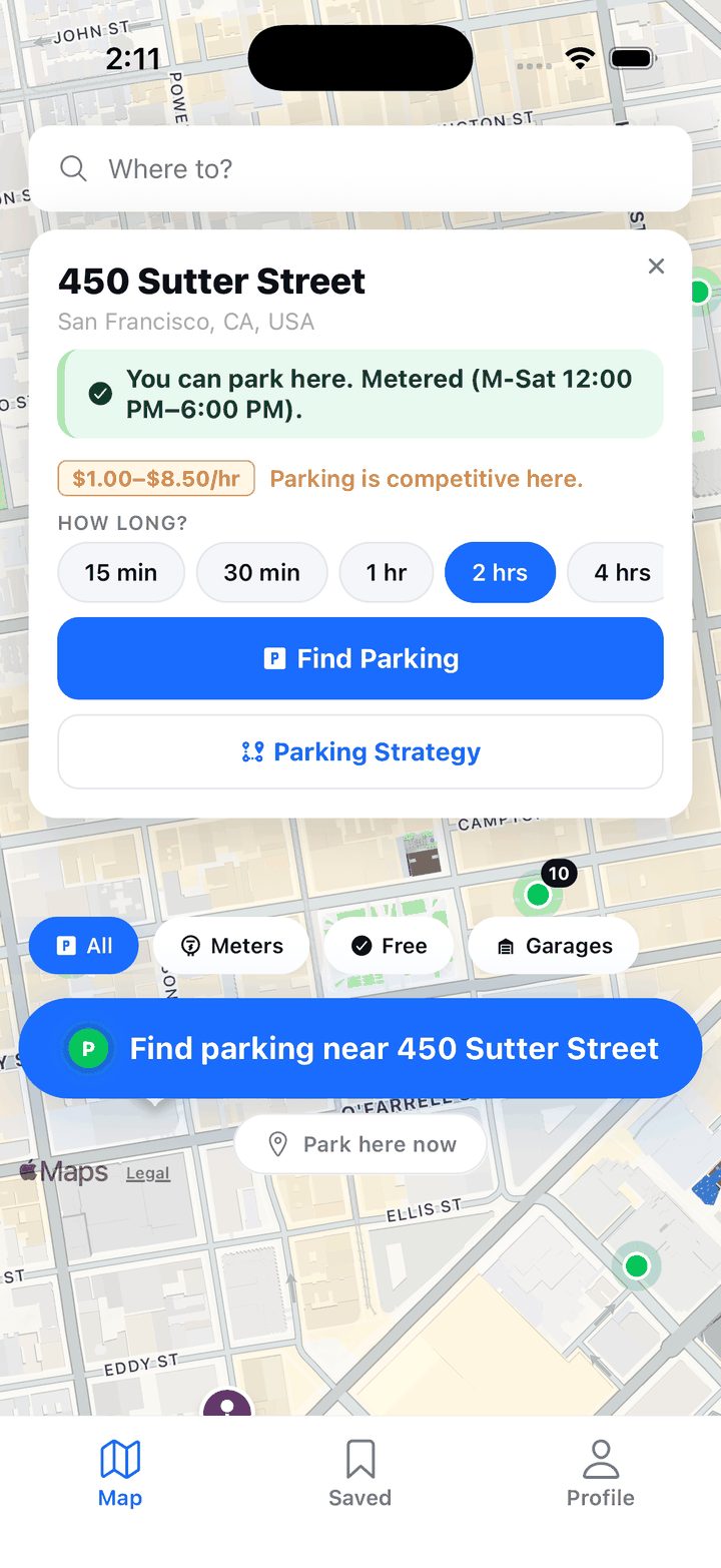 CurbScout destination card for 450 Sutter Street reading 'You can park here. Metered', with a How long row and a Find Parking button.