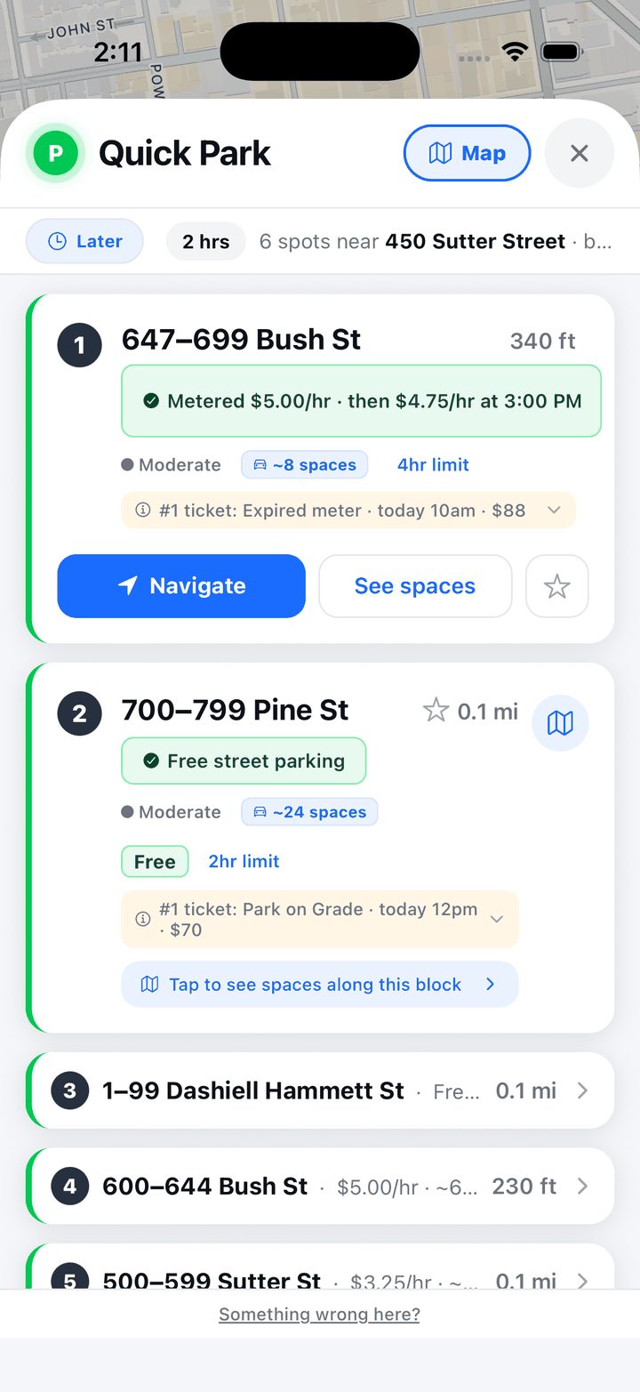 CurbScout ranked list of parking blocks. The top card, 647 to 699 Bush Street, is marked BEST BET with the meter rate, about 8 spaces, a 4 hour limit and the most common ticket here.
