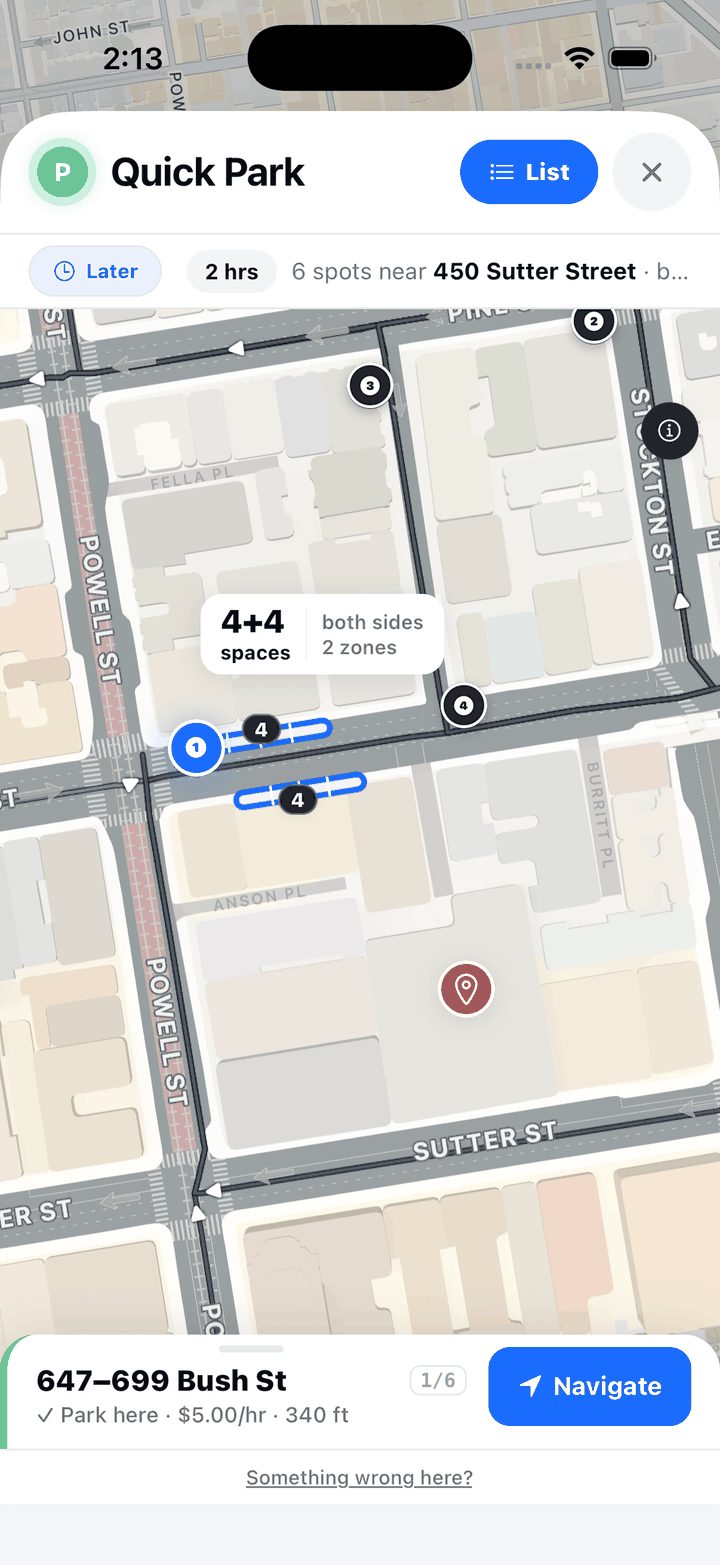 CurbScout map showing the parkable curb drawn on both sides of the street, with a callout reading 4 plus 4 spaces, both sides, 2 zones.