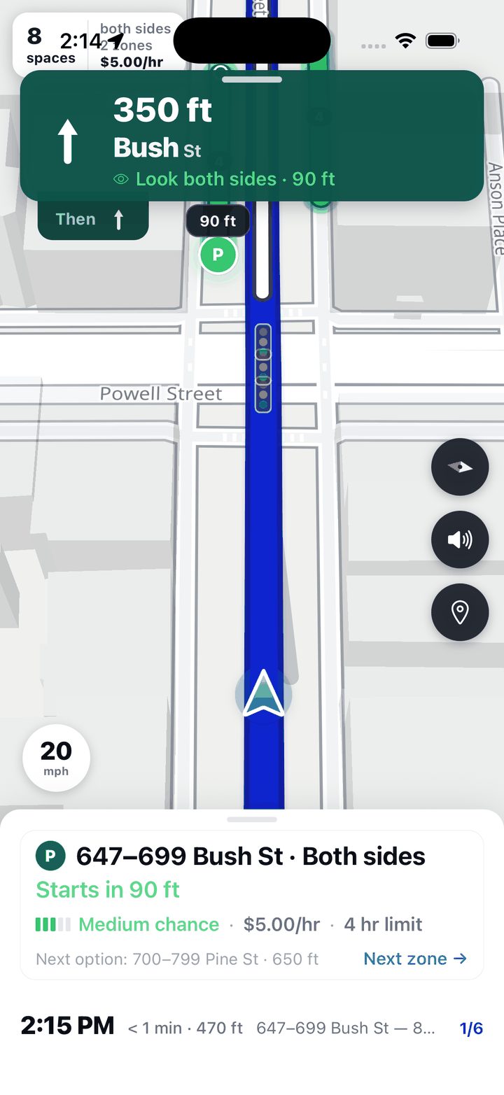 CurbScout navigation banner reading 350 feet, Bush Street, look both sides, 90 feet as it guides you onto the block.